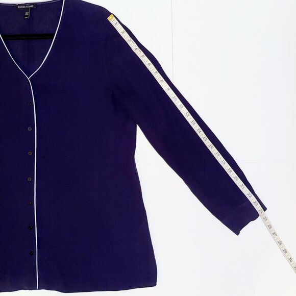 Eileen Fisher Georgette Piped Blouse 100% Silk Crepe Button Down Top Navy Blue M - Picture 8 of 13